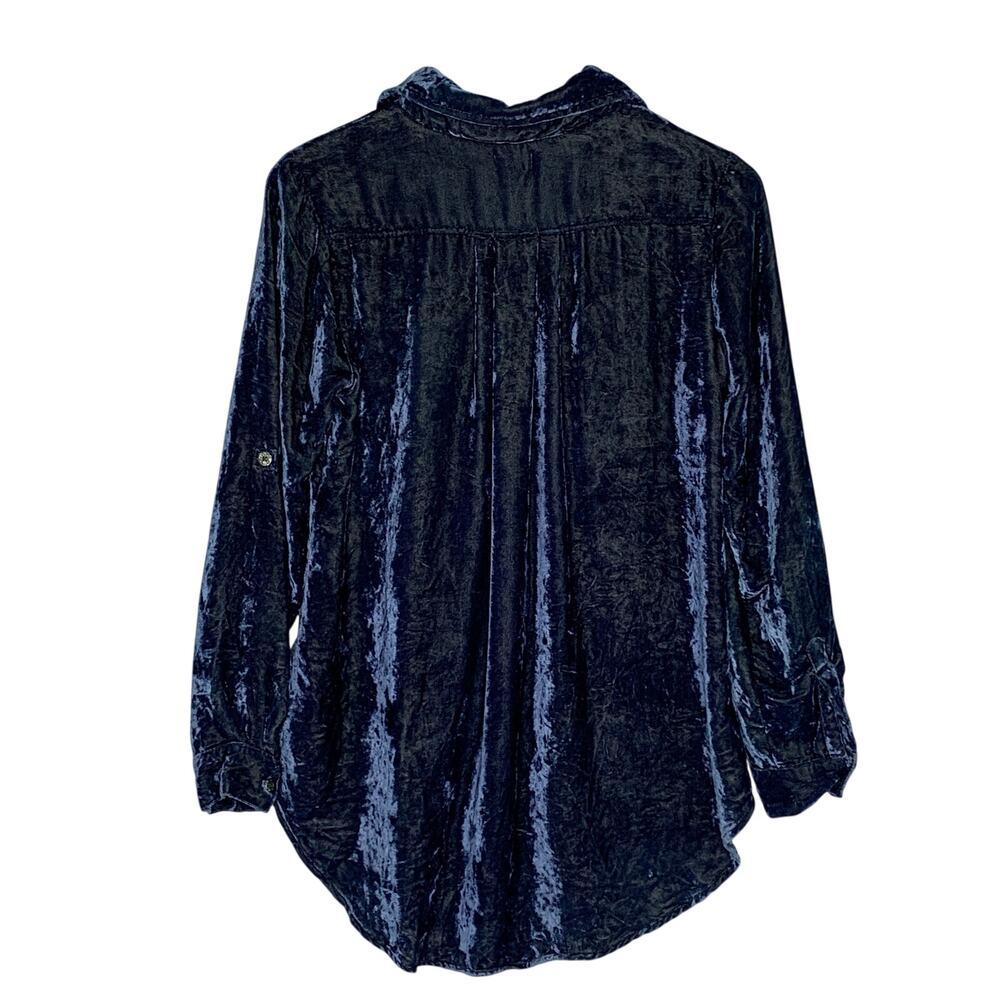 Kyla Seo Velvet Button Front Shirt XS Oversized Dark Blue Boho Western - Picture 2 of 7